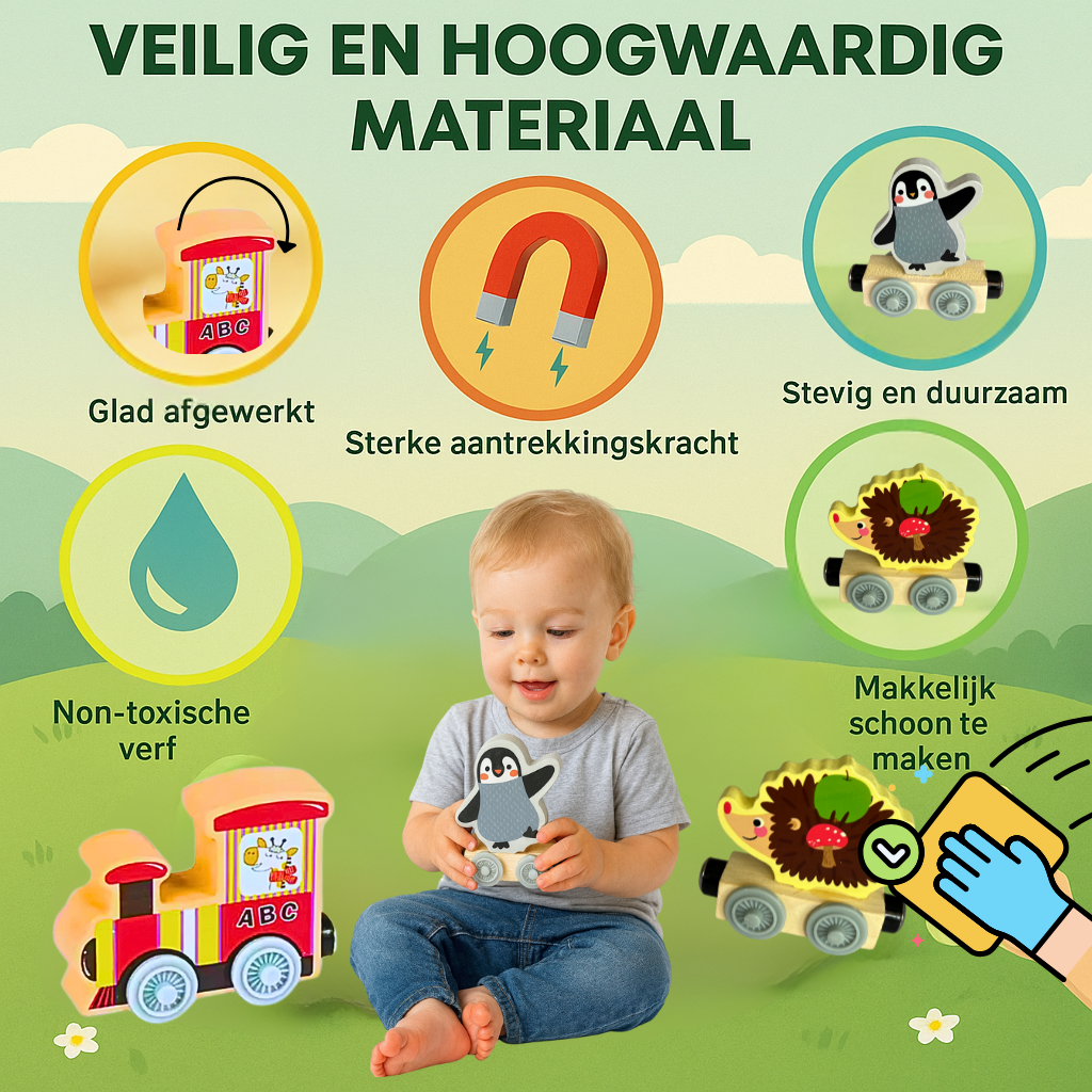 Houten Magneet Dierentrein – 11-delig Speelplezier met Dierenfiguren- 2 jaar